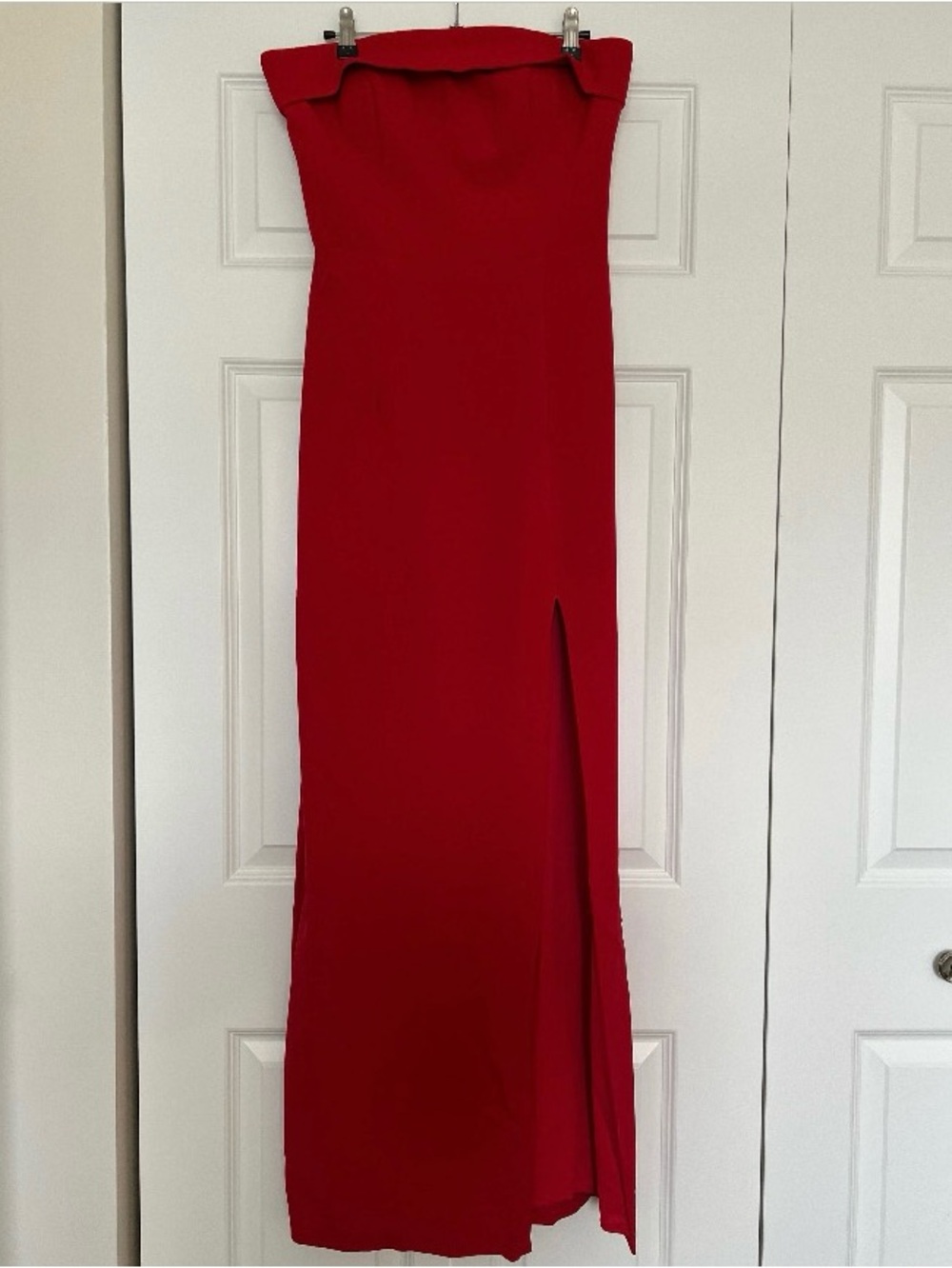 Xscape Red Strapless Slit Gown